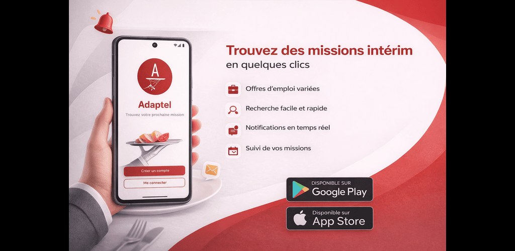 Bandeau de l’application Adaptel Go : trouvez des missions intérim en quelques clics