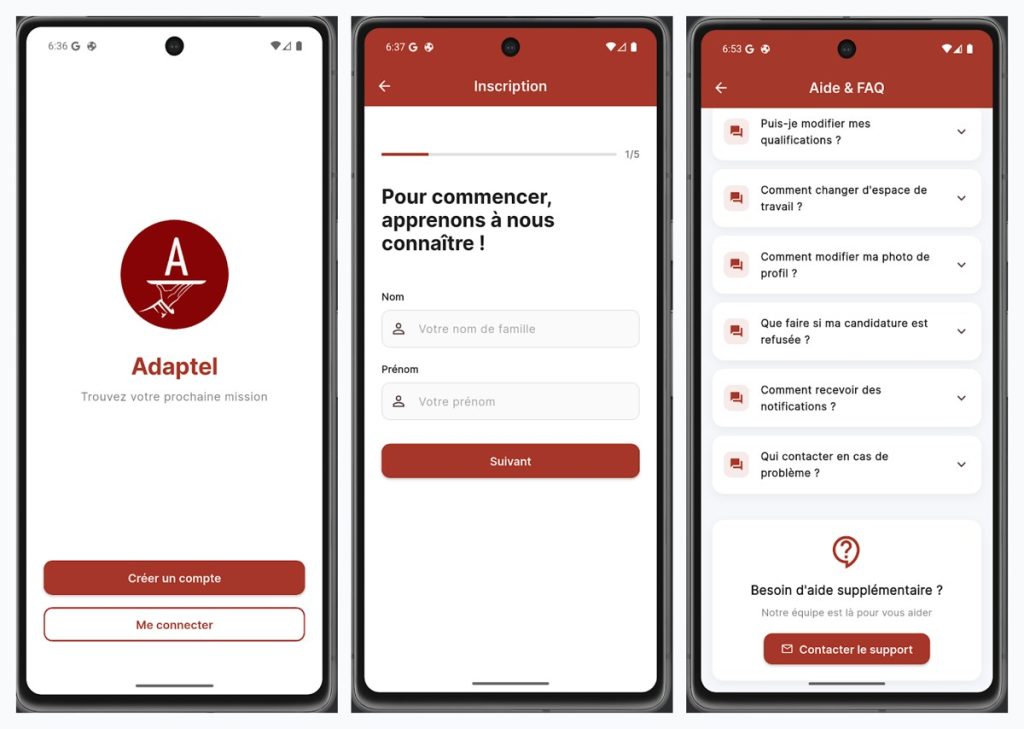 Trois écrans de l’application Adaptel Go : accueil, inscription et aide